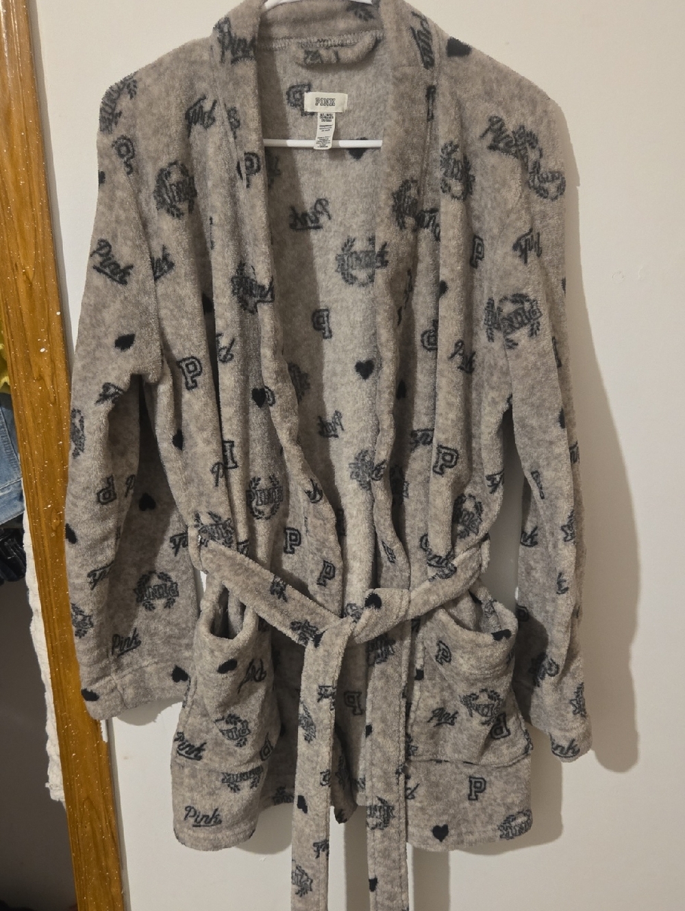 PINK Gray and Black Plush Logo-Print Robe